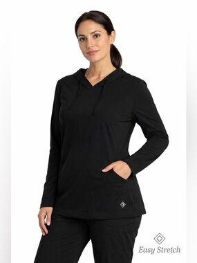 Easy Stretch Black Hooded Long Sleeve Scrub Top Size Small Soft Stretch Pocket